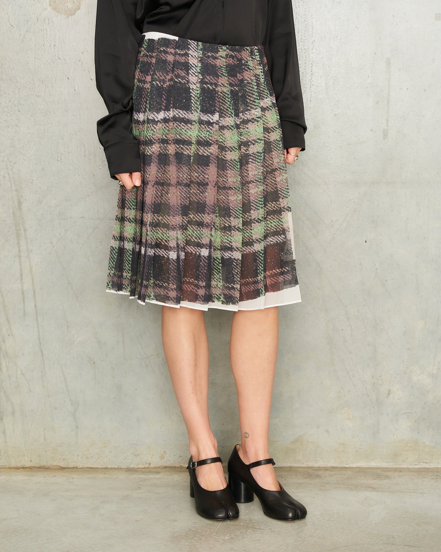 Green Pleated Check Skirt