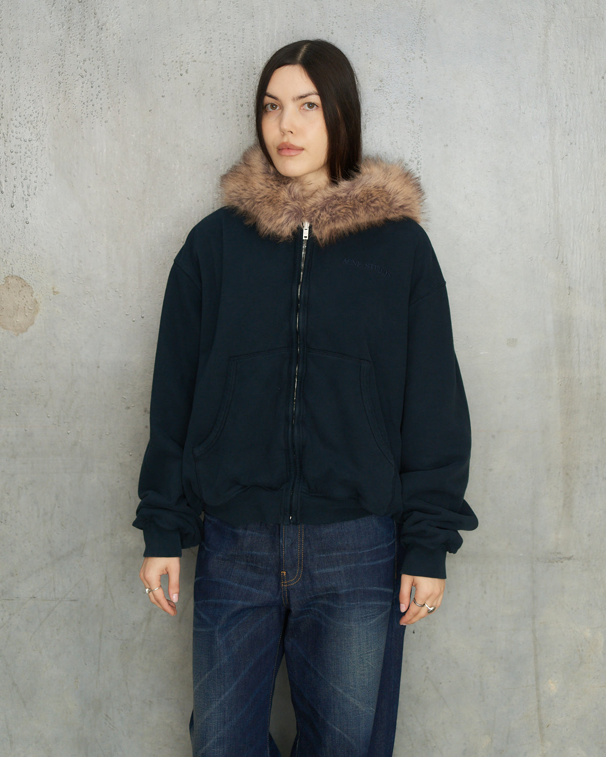 Dark Navy Fur Collar Zip Hoodie