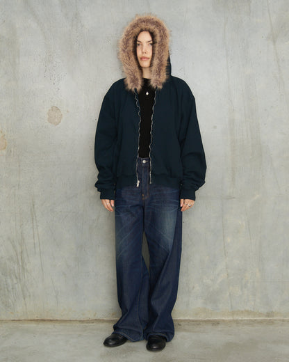 Dark Navy Fur Collar Zip Hoodie