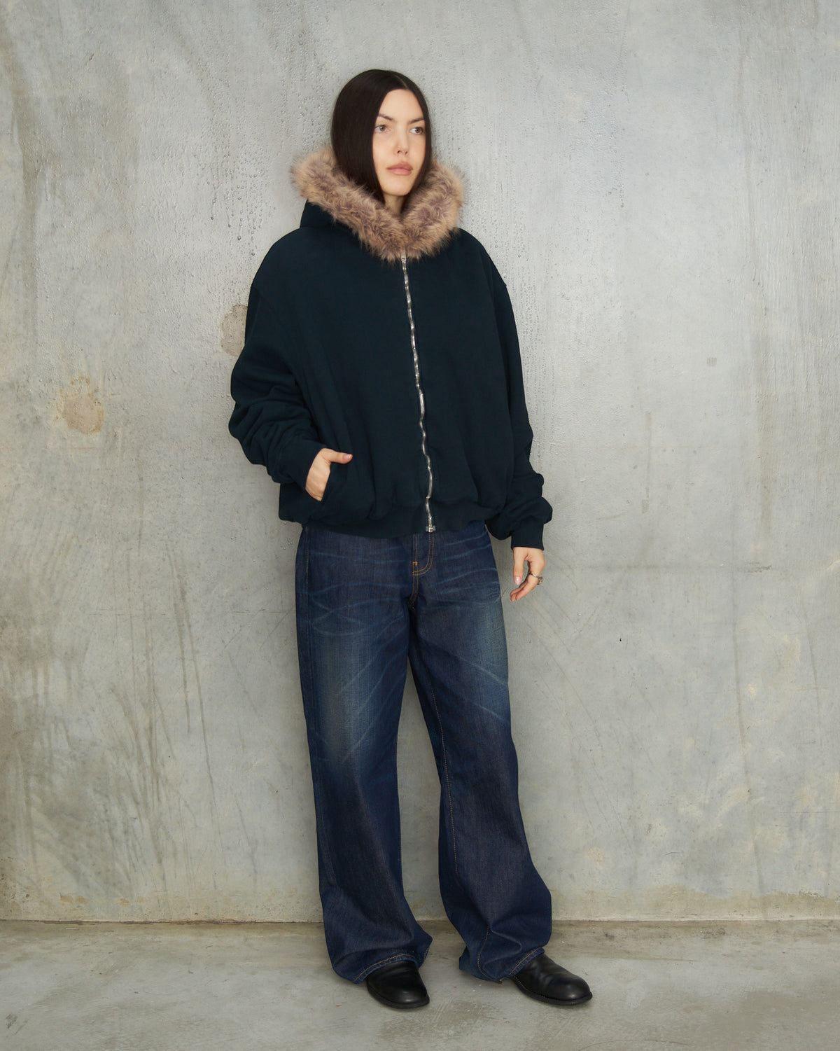 Dark Navy Fur Collar Zip Hoodie