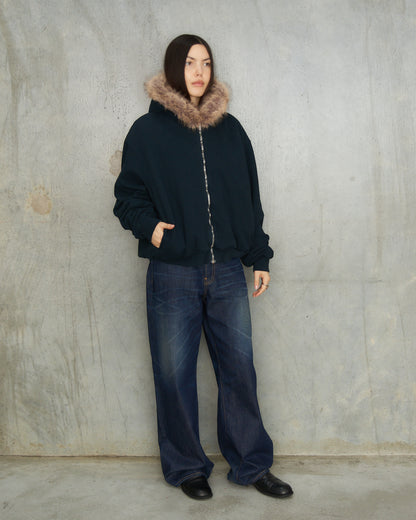 Dark Navy Fur Collar Zip Hoodie