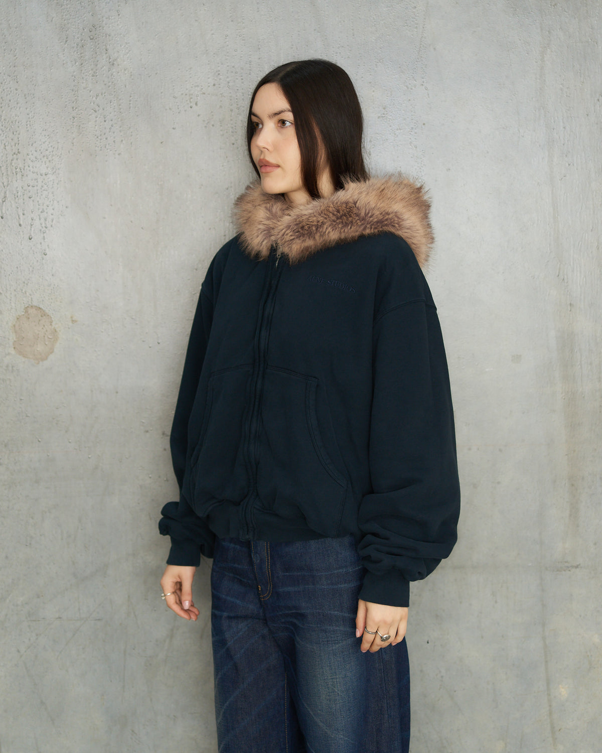 Dark Navy Fur Collar Zip Hoodie