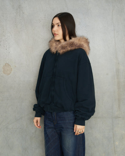 Dark Navy Fur Collar Zip Hoodie