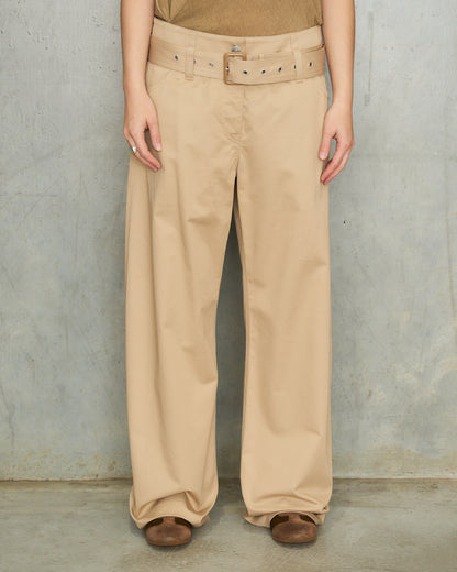 Pale Beige Twill Belted Trousers