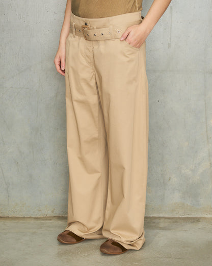Pale Beige Twill Belted Trousers