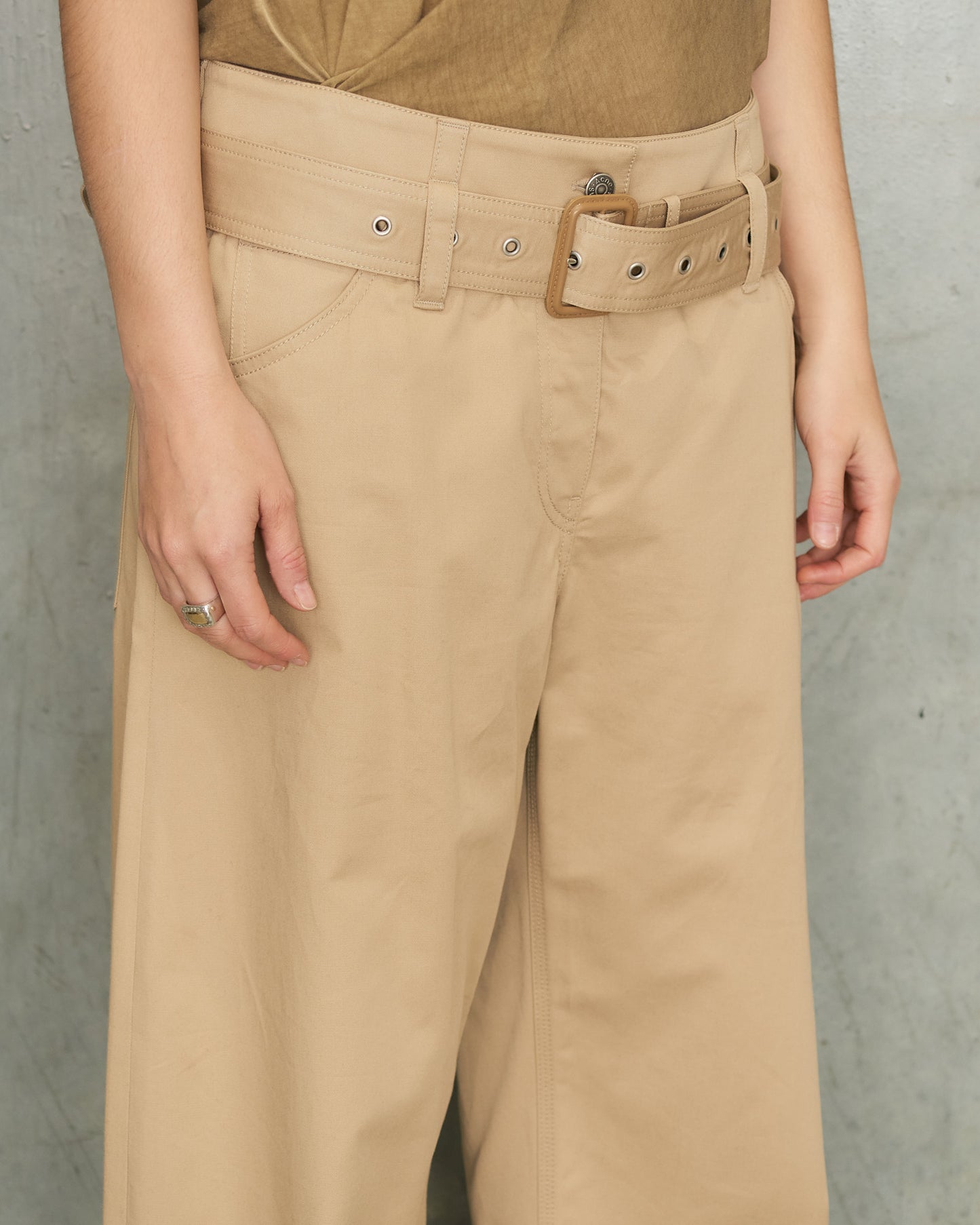Pale Beige Twill Belted Trousers
