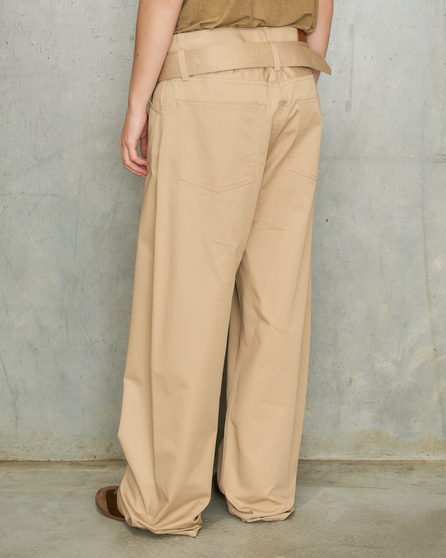 Pale Beige Twill Belted Trousers