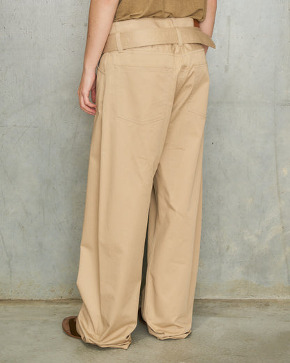 Pale Beige Twill Belted Trousers