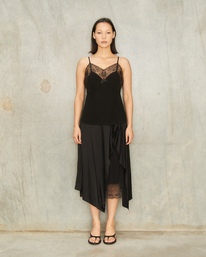 Black Satin Lace Draped Skirt