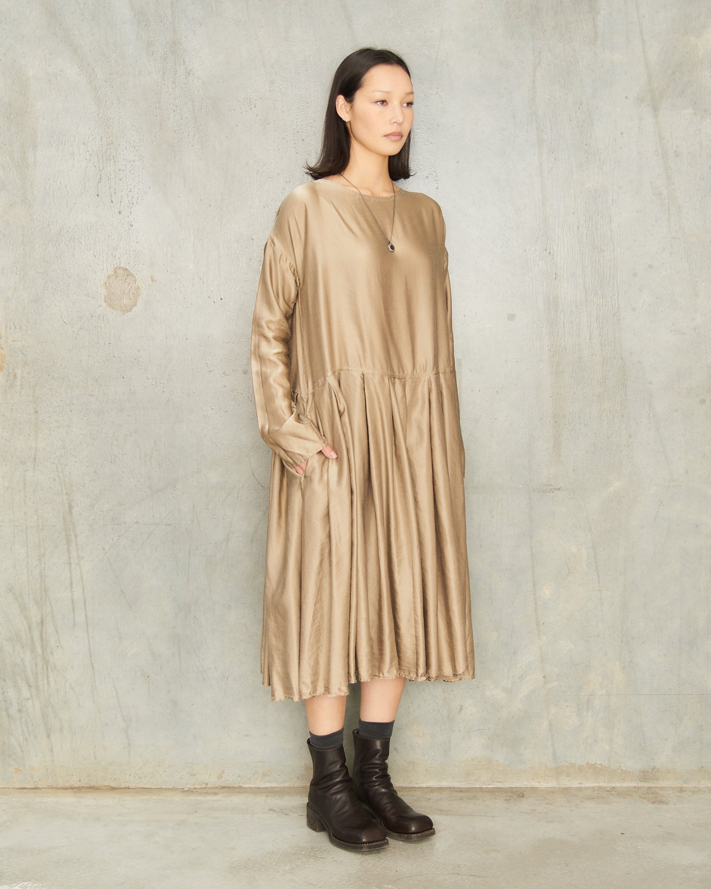 Marron Glace Pleated Boatneck Dress
