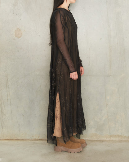 Noir Lace Print Long Sleeve Darted Dress