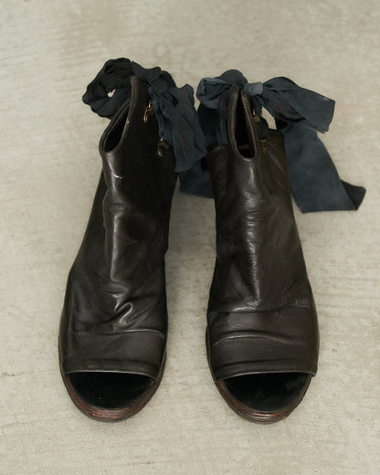 Atelier Inscrire Black Leather Frayed Ribbon Heels
