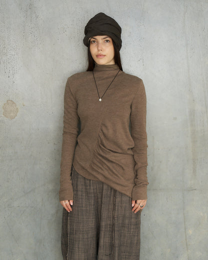Brown Asymmetric Gather Top