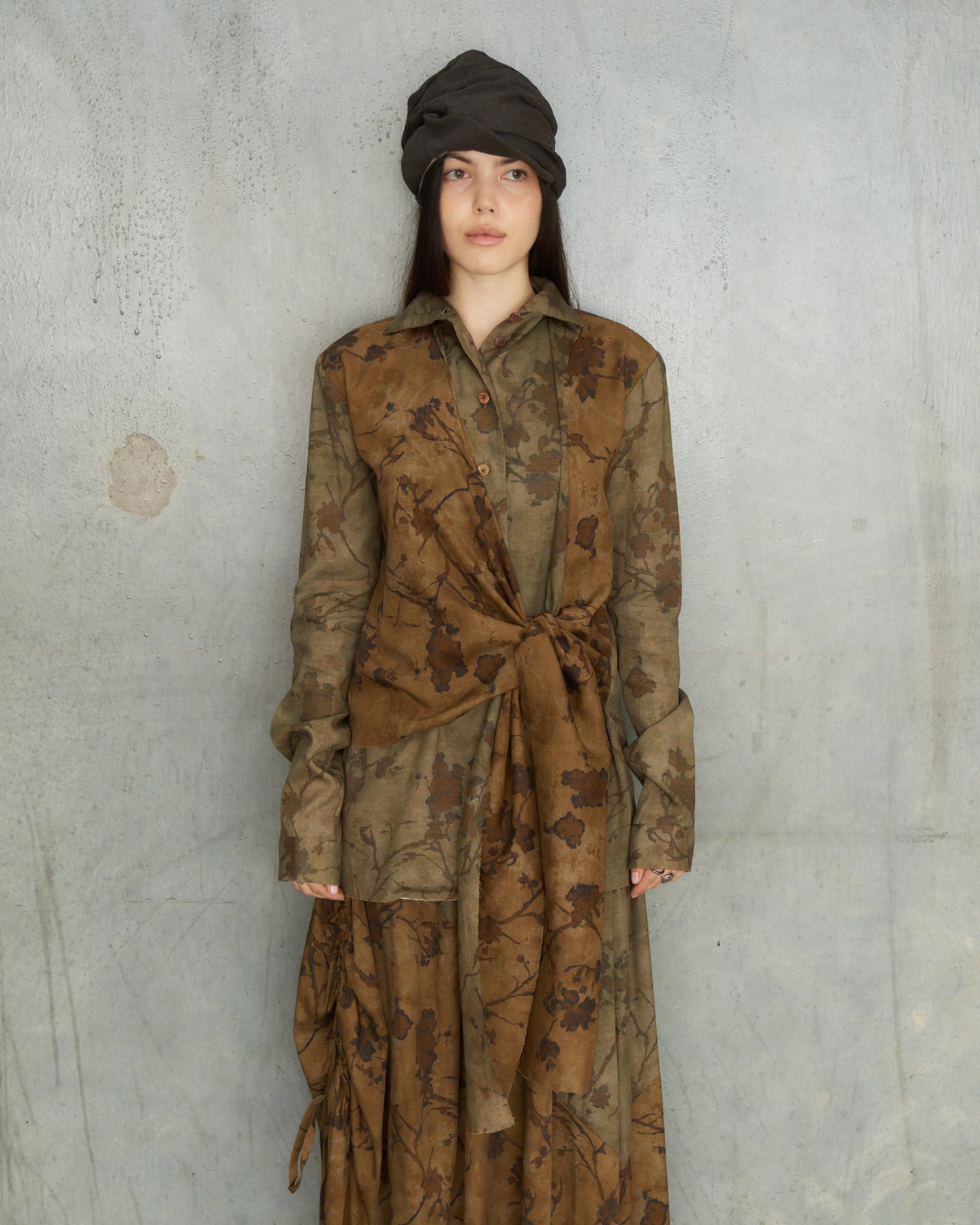 Olive Floral Layered Tie Shirt