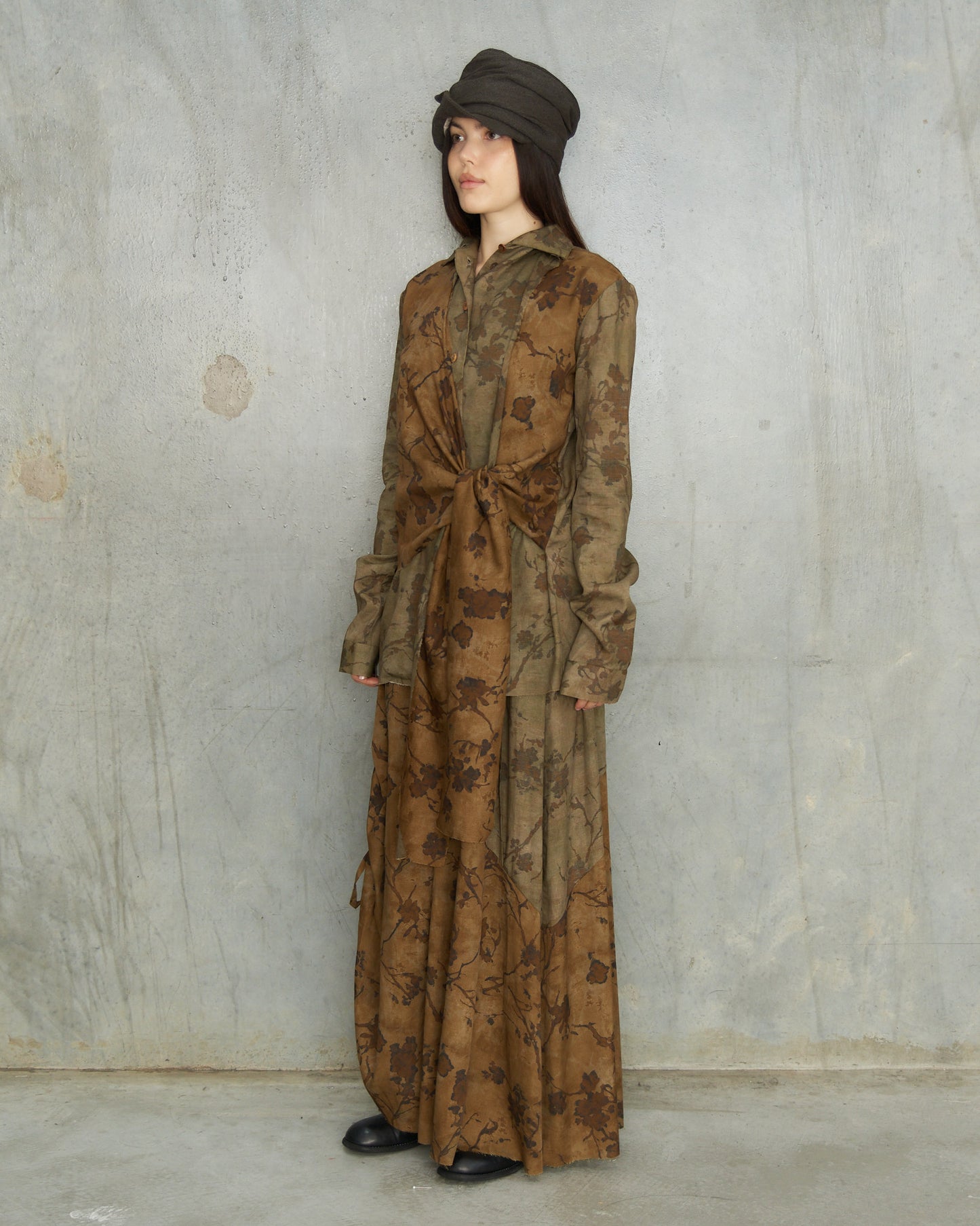 Olive Floral Layered Tie Shirt
