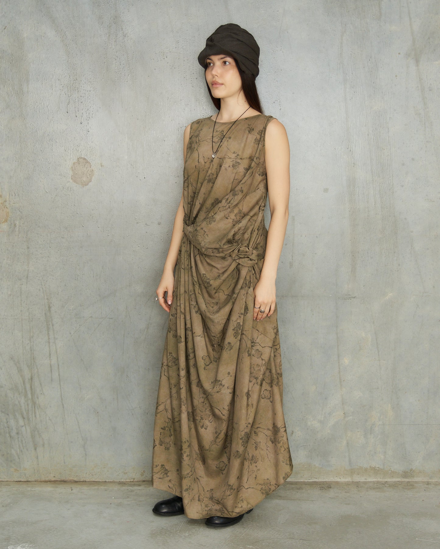 Olive Floral Twisted Rose Dress
