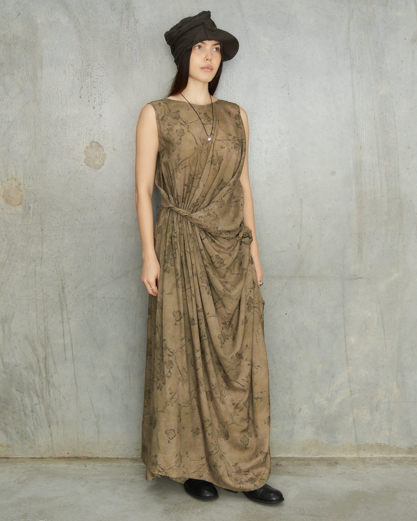 Olive Floral Twisted Rose Dress