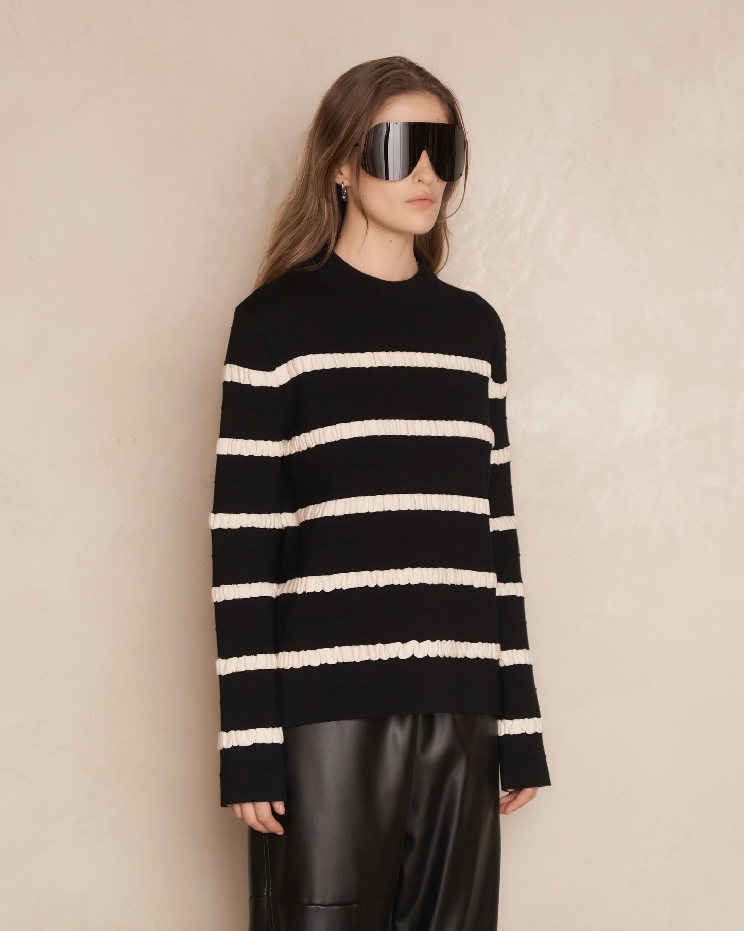 Black and White Kadit Striped Crew Neck Sweater