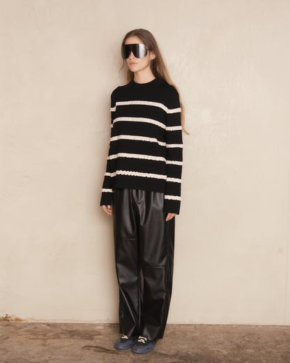 Black and White Kadit Striped Crew Neck Sweater