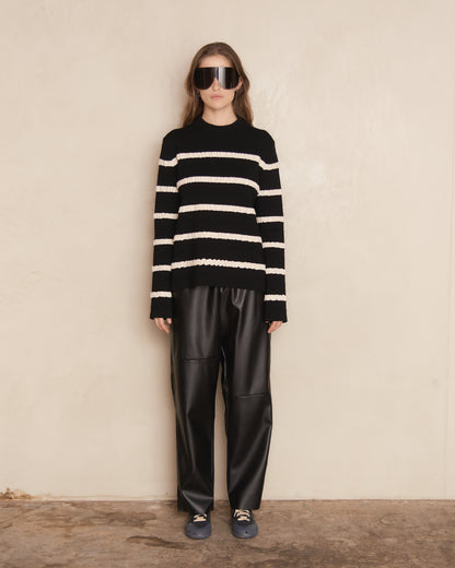 Black and White Kadit Striped Crew Neck Sweater