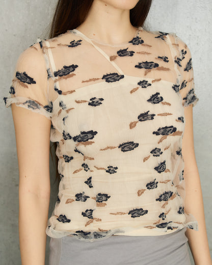Comme Des Garcons Floral Sheer Crinkled Tulle Tee