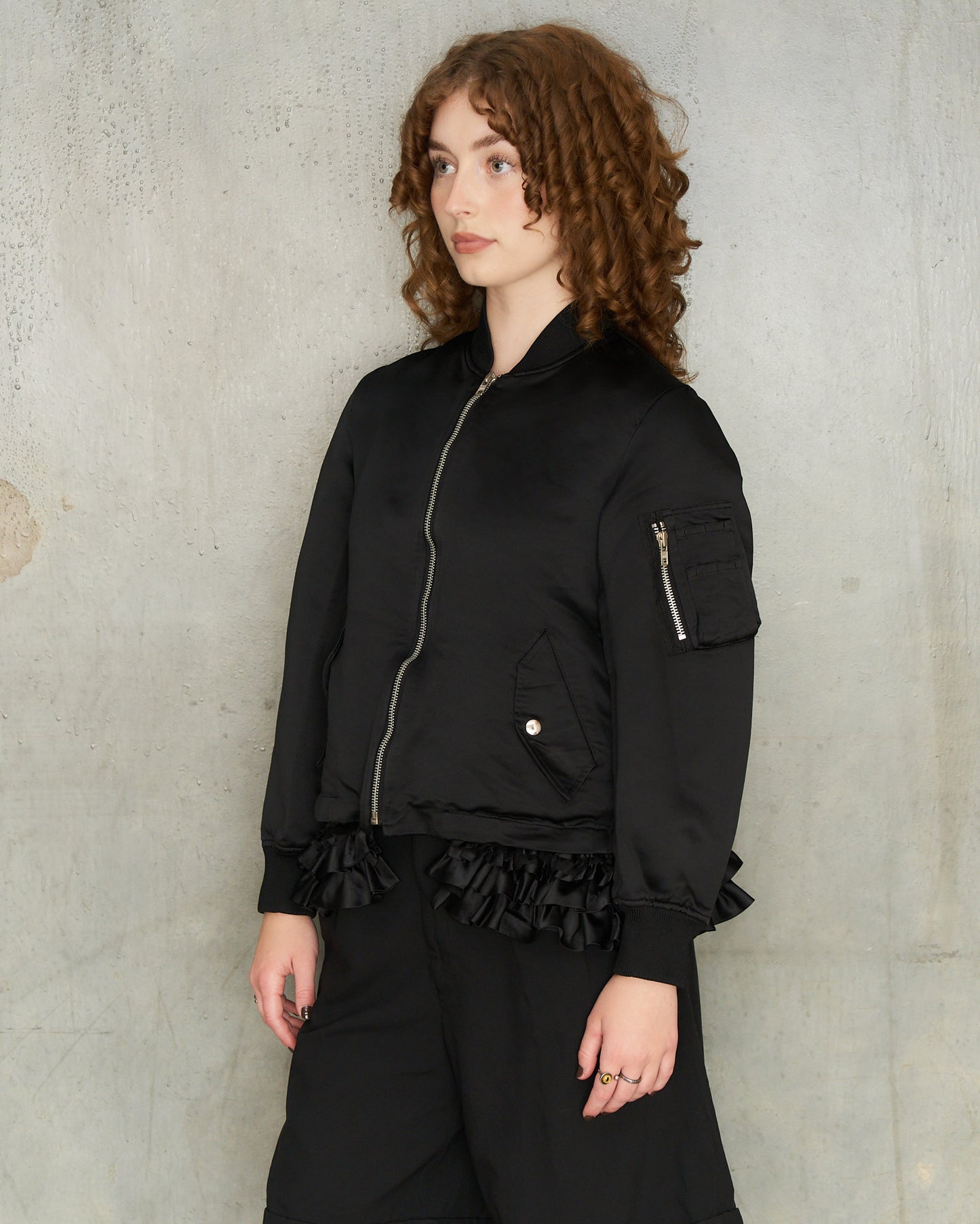 Black Ruffle Hem Bomber