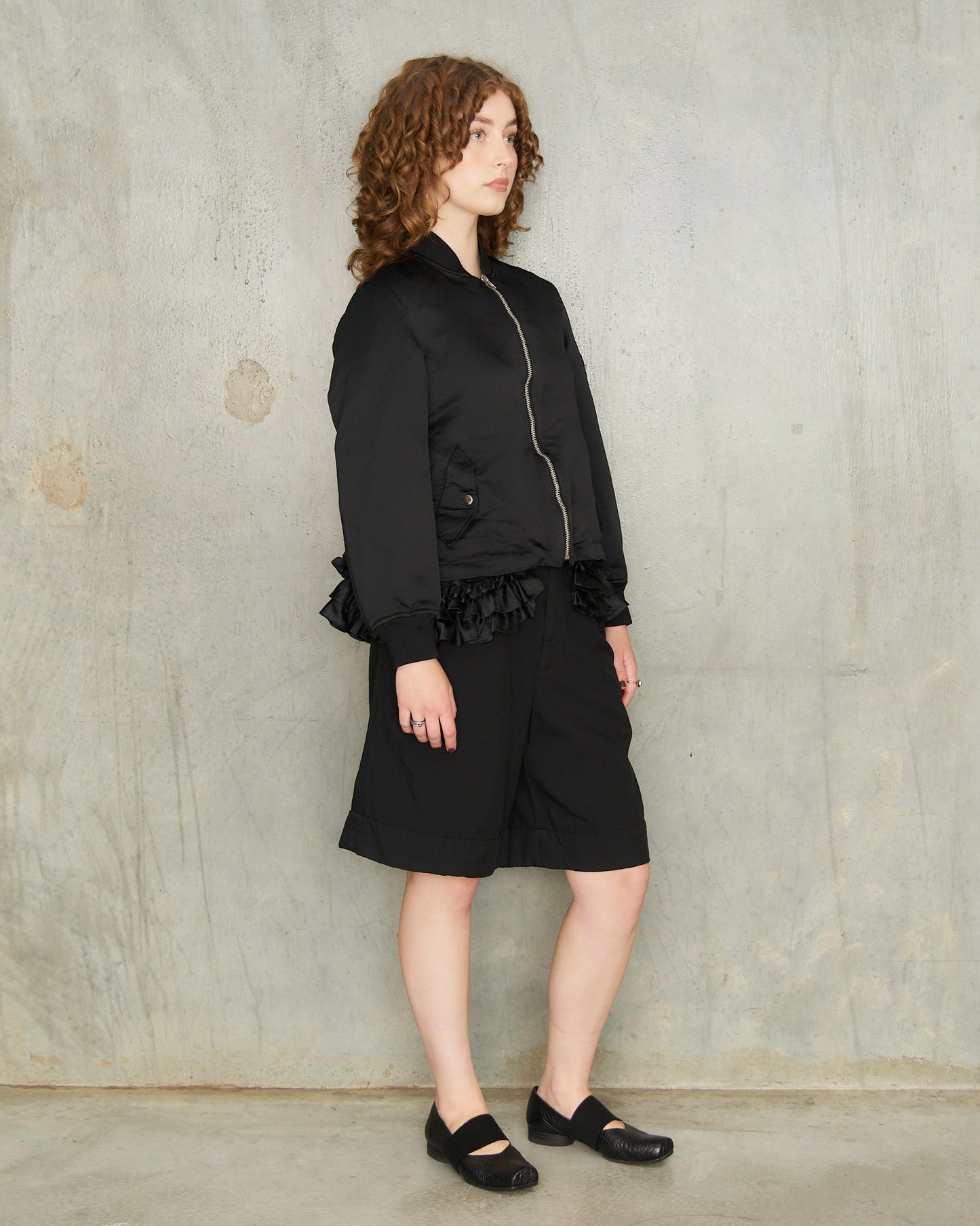 Black Ruffle Hem Bomber