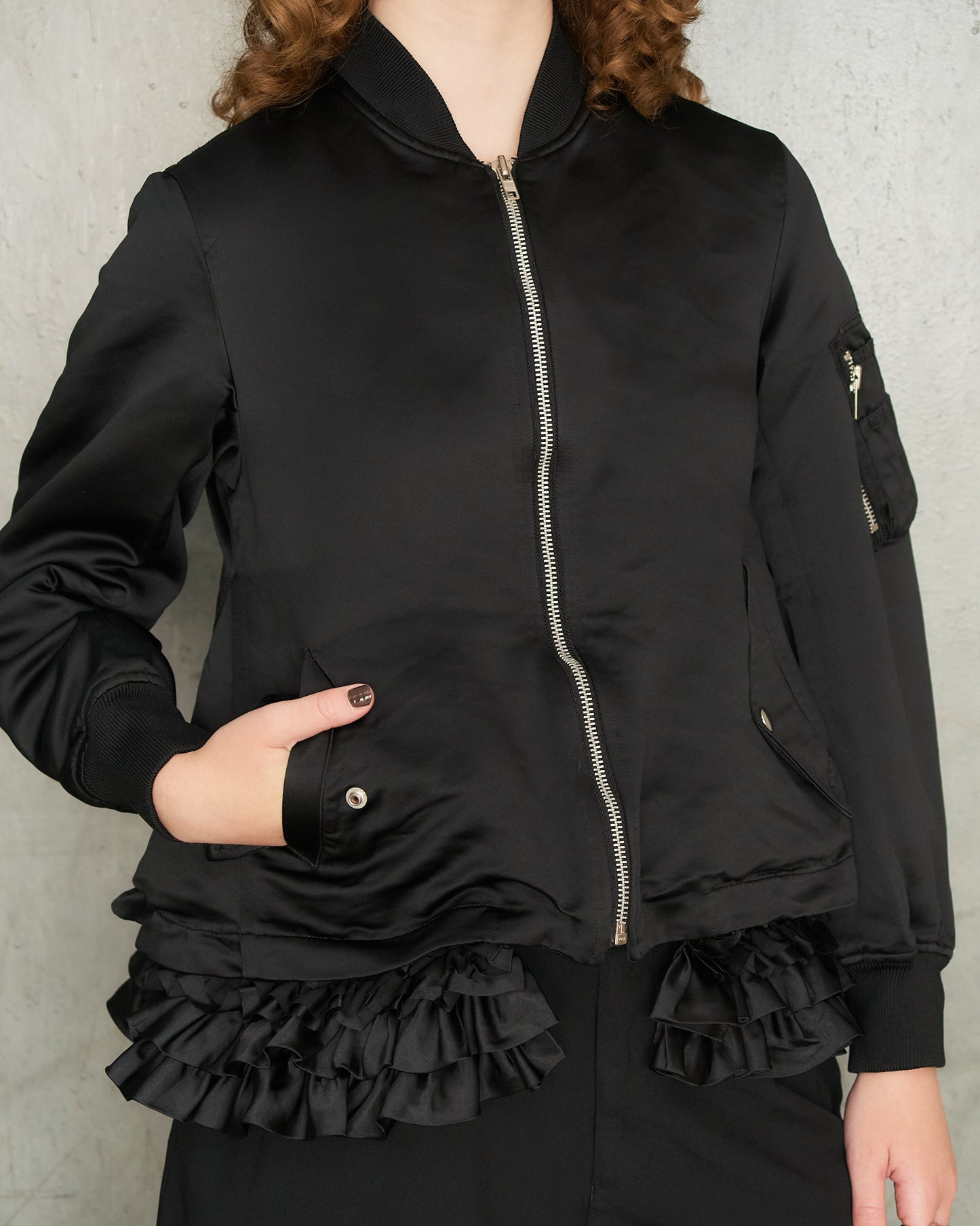 Black Ruffle Hem Bomber