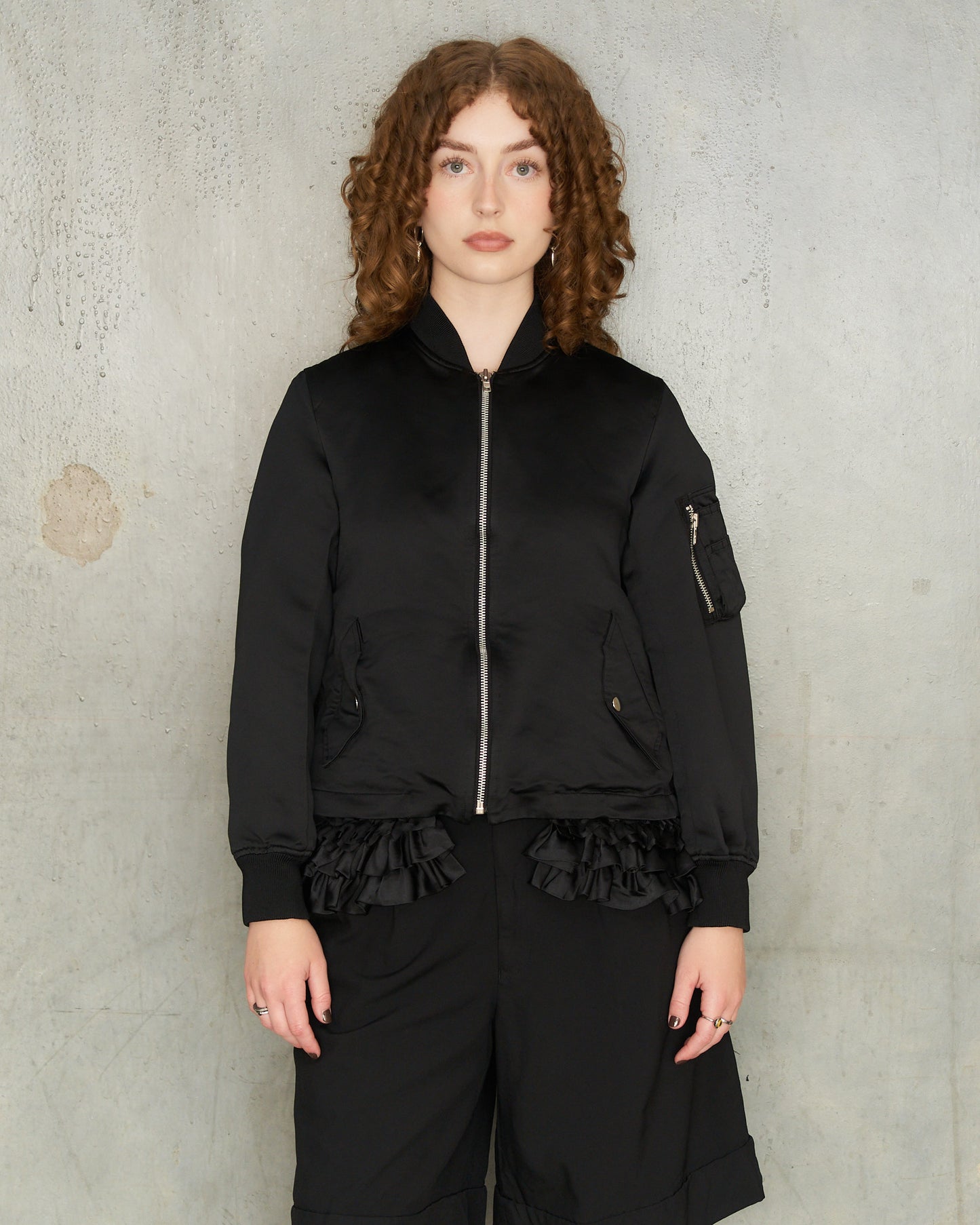 Black Ruffle Hem Bomber