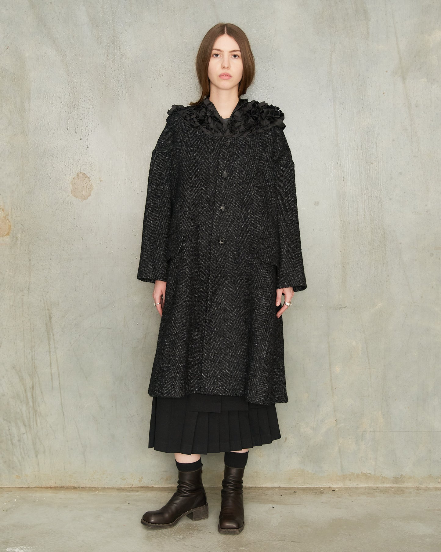 Grey Herringbone Hooded Coat