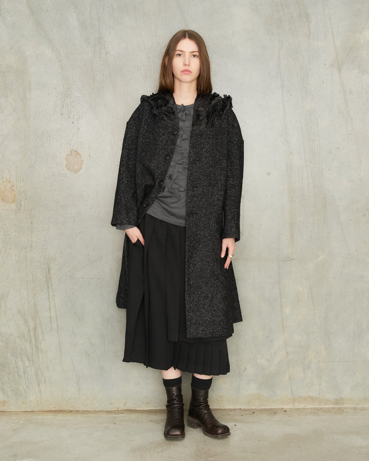 Grey Herringbone Hooded Coat