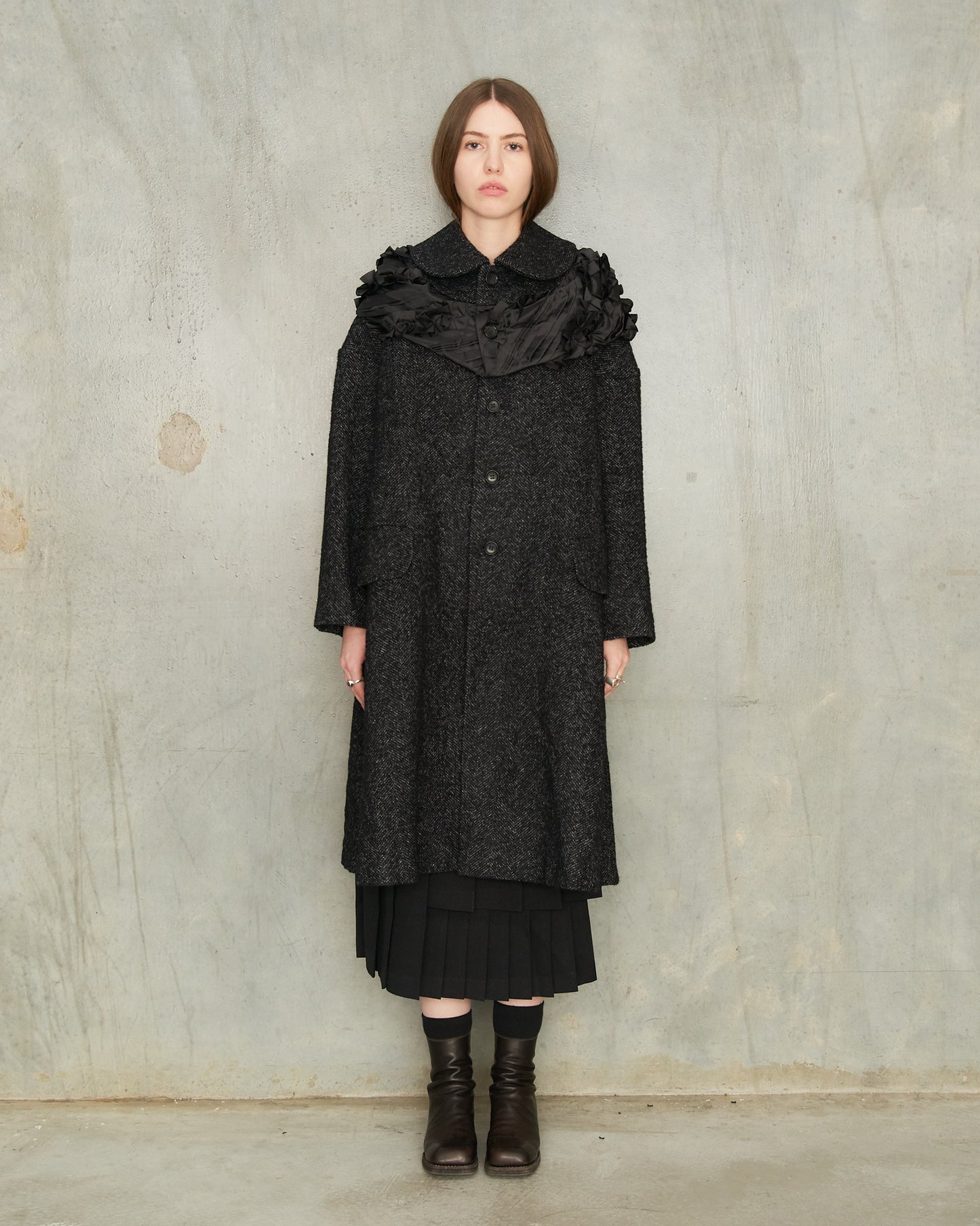 Grey Herringbone Hooded Coat