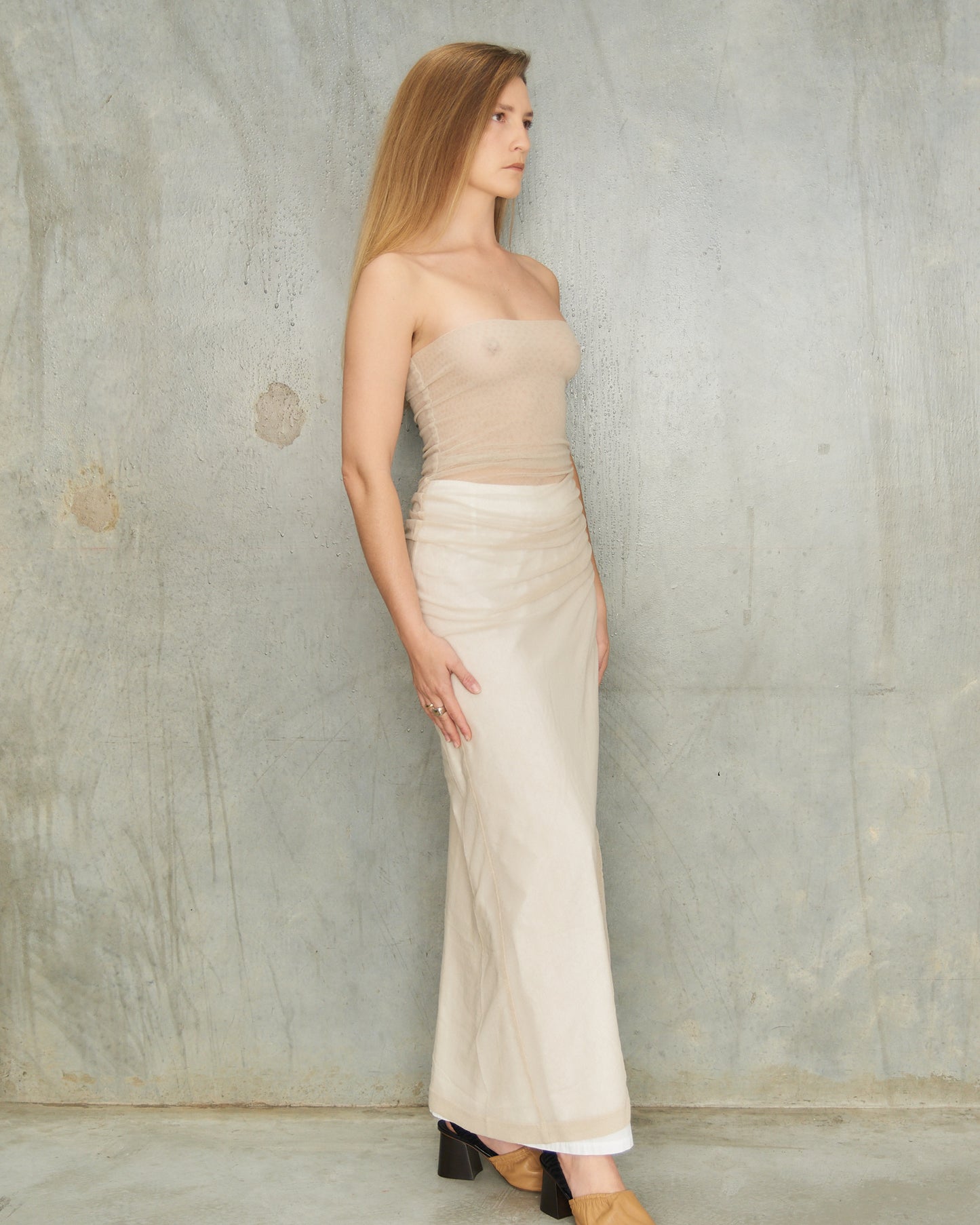 Dries Van Noten Beige Layered Mesh 2 Piece Ensemble 