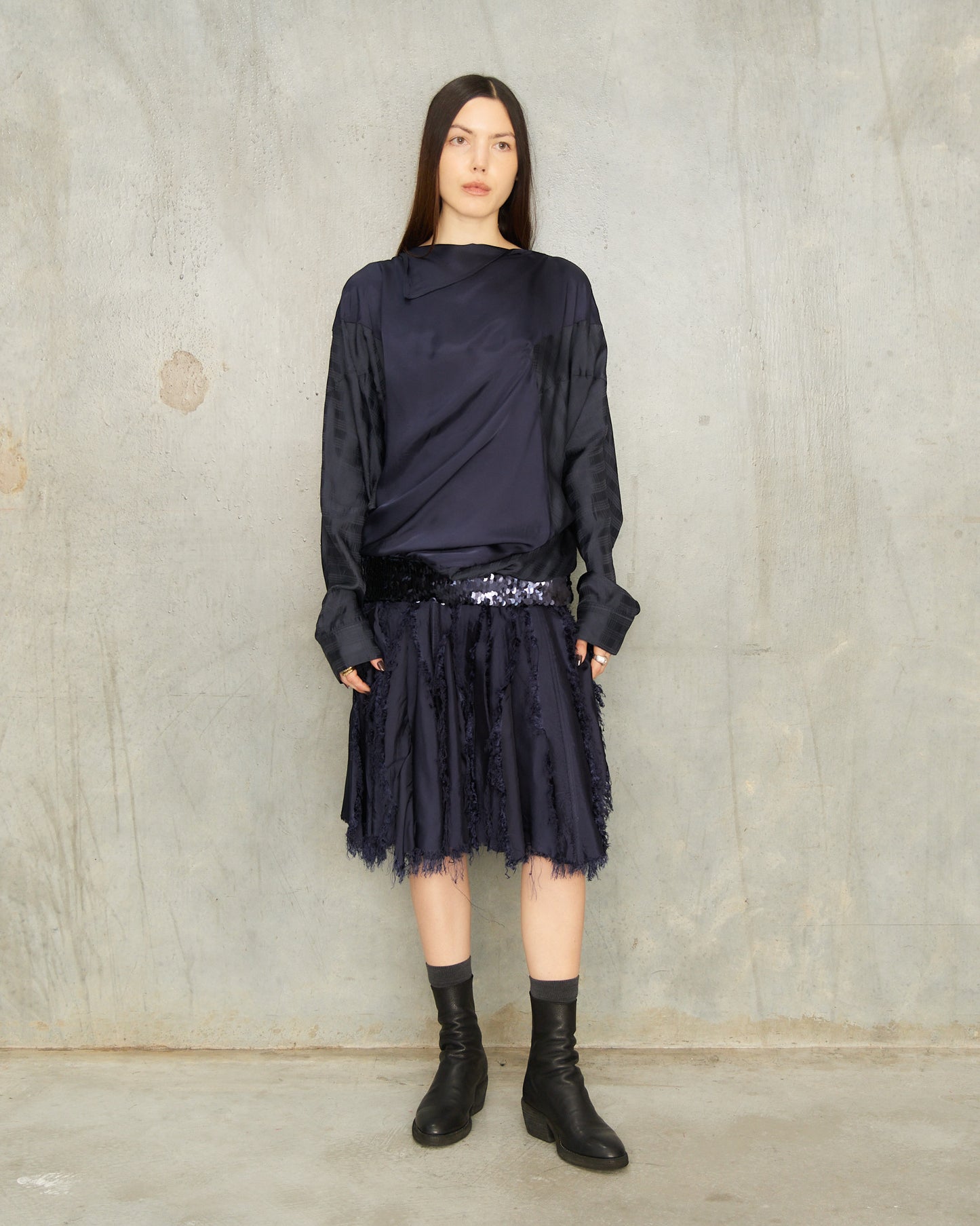 Navy Scratched College Skirt