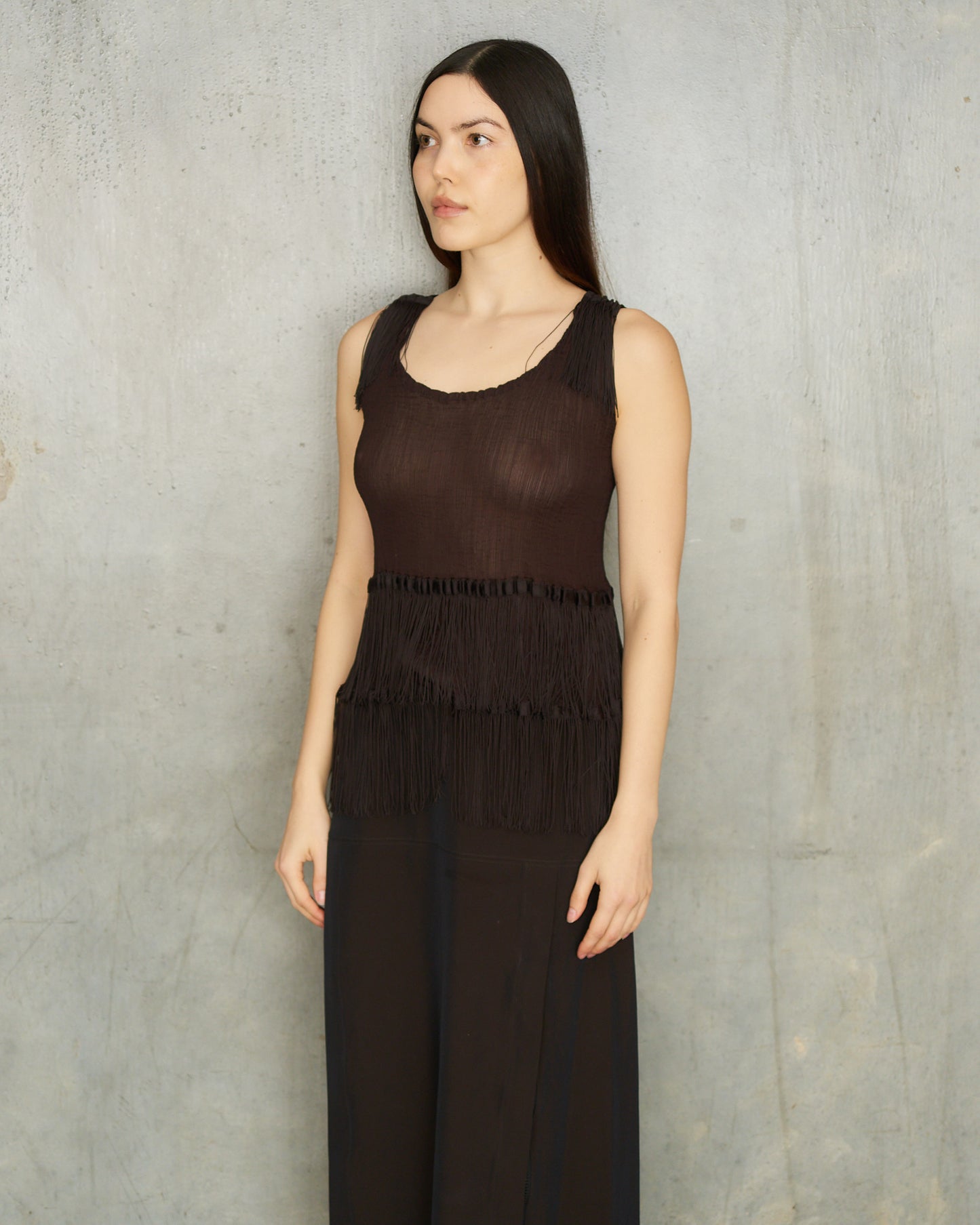 Issey Miyake ME Brown Tassle Crepe Top