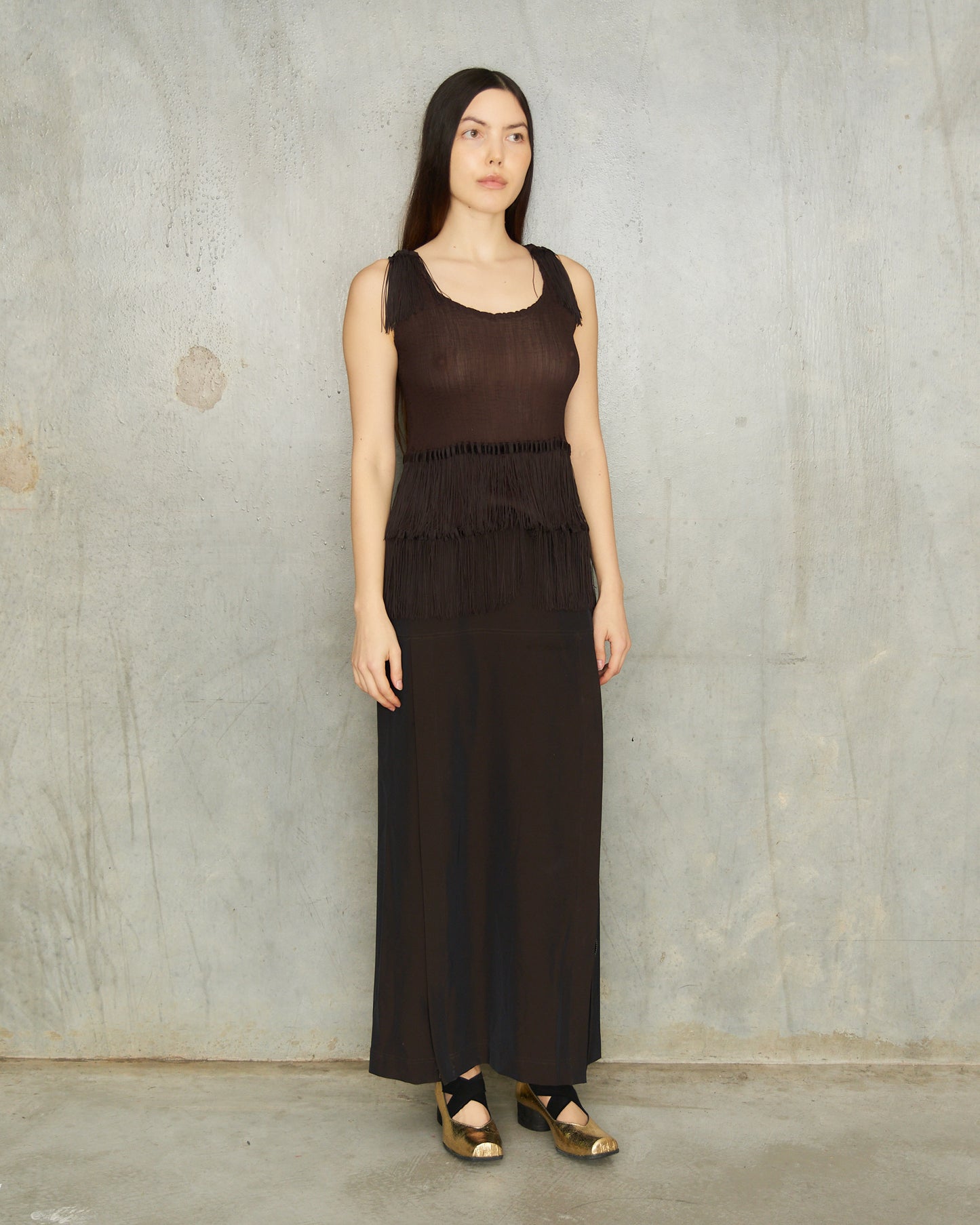 Issey Miyake ME Brown Tassle Crepe Top