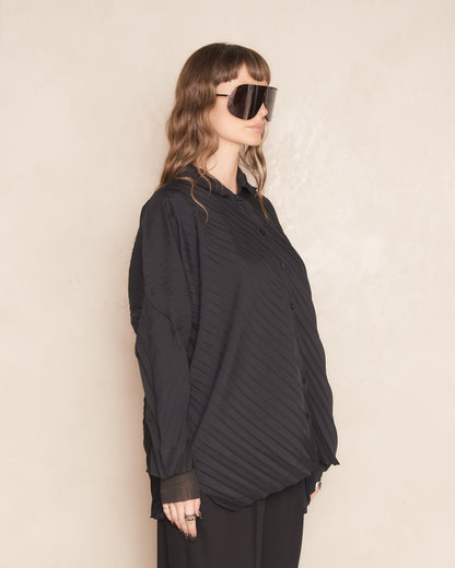 Black Angle Pleats Button Up Shirt