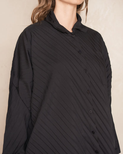 Black Angle Pleats Button Up Shirt