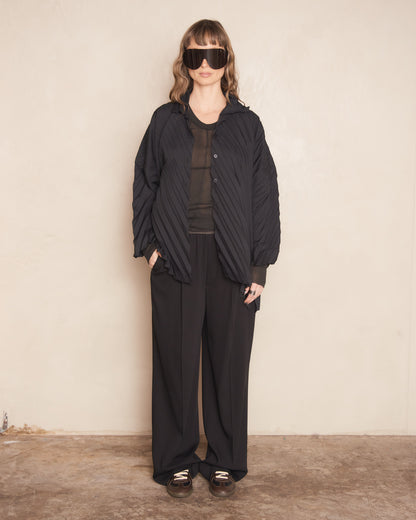 Black Angle Pleats Button Up Shirt