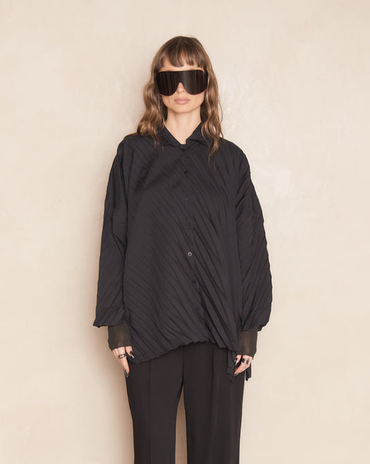 Black Angle Pleats Button Up Shirt