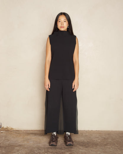 Black Frame Mesh Pleat Pants