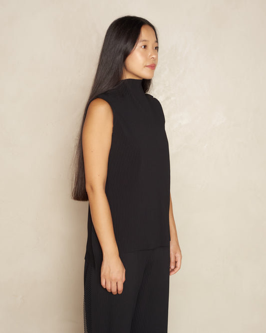 Black High Neck Mesh Trim Top