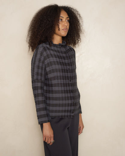 Black Hued Gingham Check Pleats Top