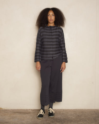 Black Hued Gingham Check Pleats Top
