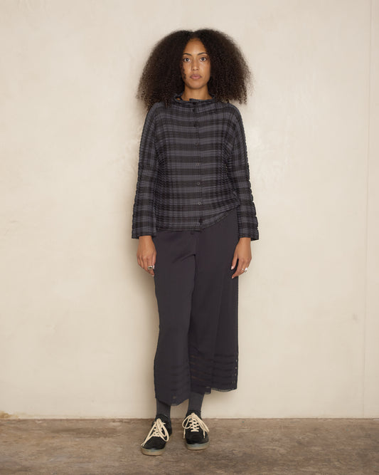 Black Hued Gingham Check Pleats Top