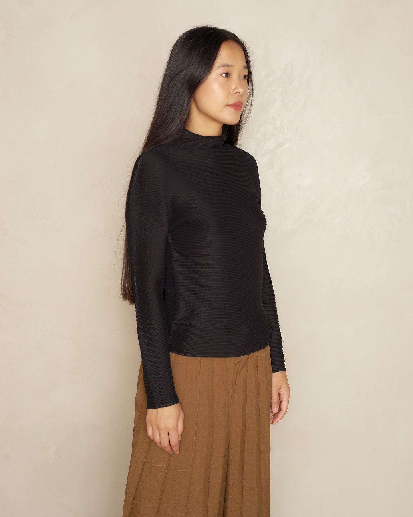 Black Micropleat High Neck Long Sleeve Top