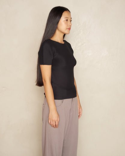 Black Micro Pleated Short Sleeve Tee