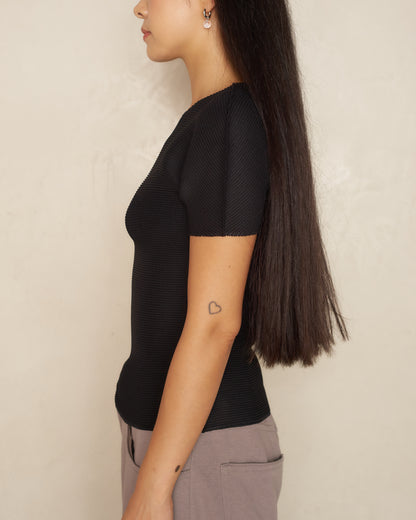 Black Micro Pleated Short Sleeve Tee