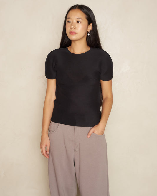 Black Micro Pleated Short Sleeve Tee