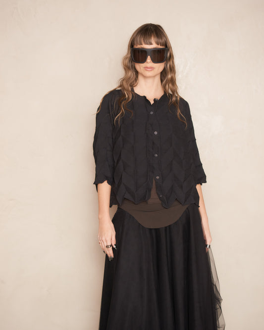 Black Sheer Zig Zag Pleat Button Up Blouse
